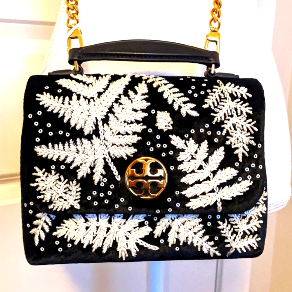 Tory Burch VELVET Willa Top Handle Crossbody Bag Winter Pine Beaded Embroidery